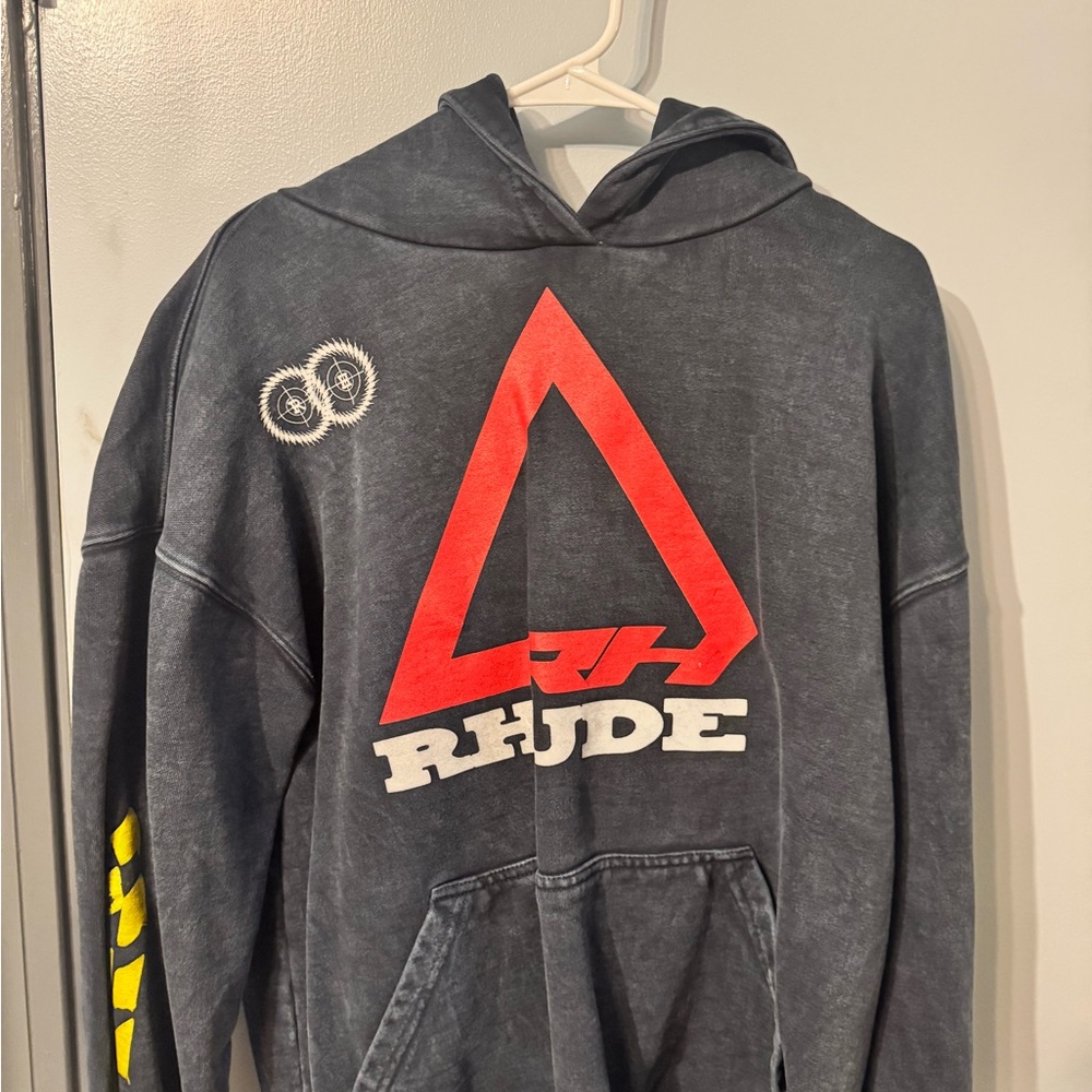 Rhude Men's Washed Black Hoodie with Red and Yellow Accents